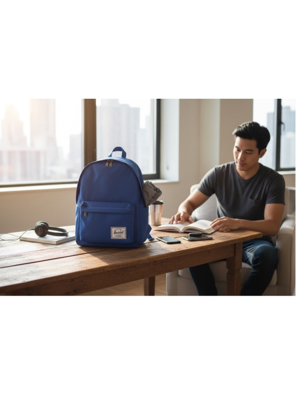 Men's Herschel Blue Backpack One Size with Tan Straps